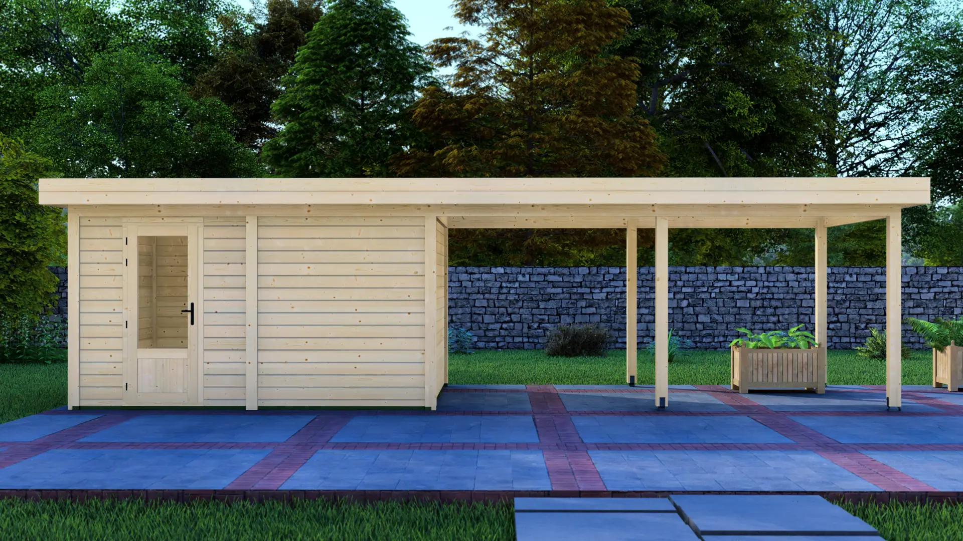 DSHouse dārza mājiņa 4x3m ar nojumi 5x3m - modulāra koka konstrukcija Dārza mājiņa 4x3m ar nojumi 5x3m - modulāra ziemeļu egles konstrukcija ar horizontālu apšuvumu un plakanu jumtu, kas paplašināma par 15m² nojumi