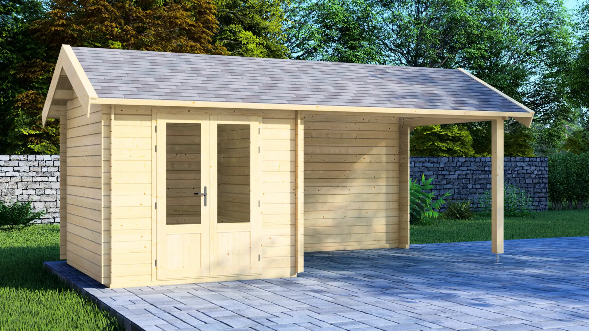 Dārza mājiņa “Serene” ar terasi un iekštelpu Dārza mājiņa “Serene” ar 9m² segtu terasi un 6,4m² iekštelpu, izgatavota no ziemeļu egles ar divslīpju jumtu.