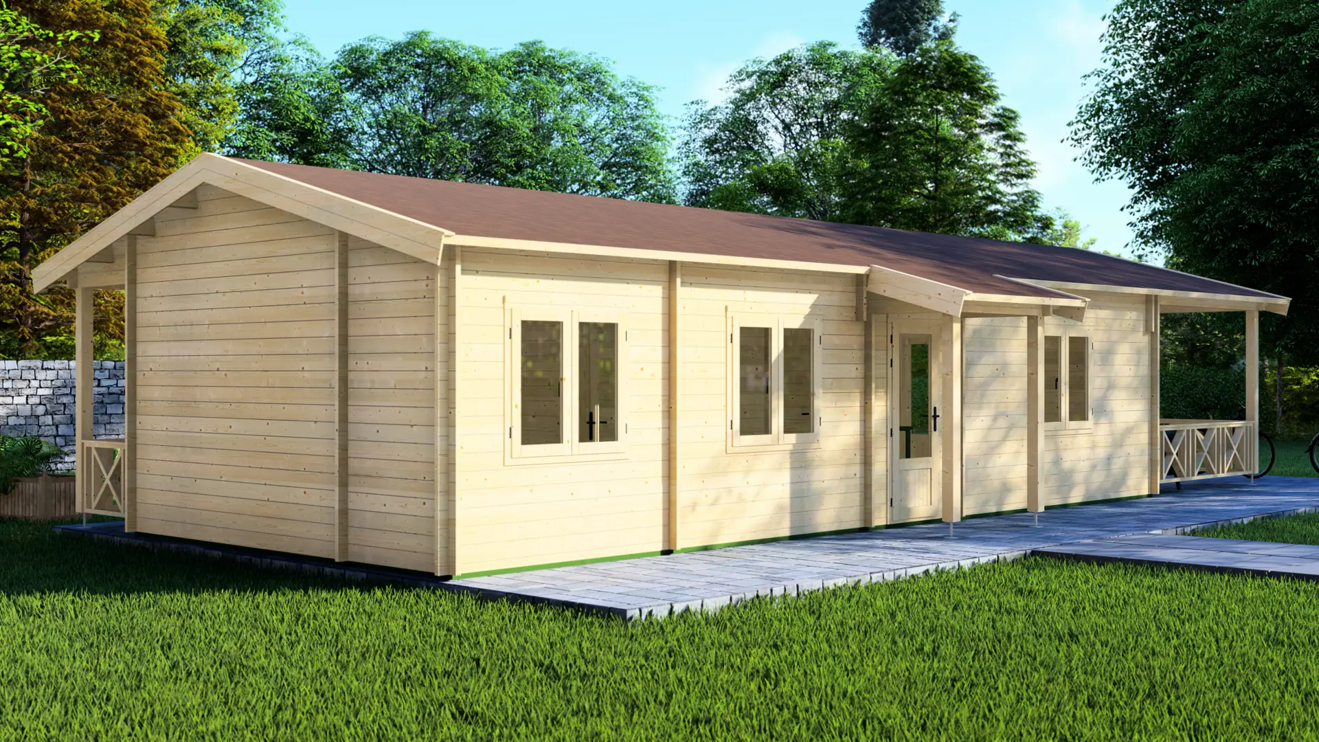 DSHouse dārza māja “Glamorouse” – 83 m² mājiņa ar četrām telpām un terasi Dārza māja “Glamorouse” ar 83 m² platību, četrām iekštelpām un nosegtu terasi, būvēta no ziemeļu egles ar 44 mm vai 68 mm konstrukciju.