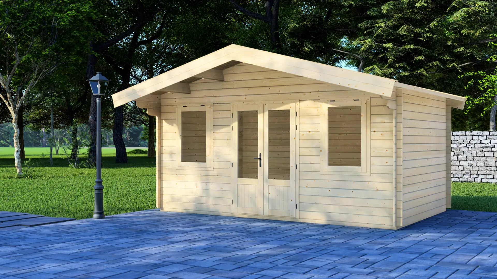 Dārza mājiņa "Delight" - 14 m² koka dārza mājiņa ar dubultajām durvīm un diviem logiem Dārza mājiņa "Delight" ir 14 m² koka konstrukcija ar divslīpju jumtu un centrālajām dubultajām durvīm, kas nodrošina ventilāciju un dienasgaismu.