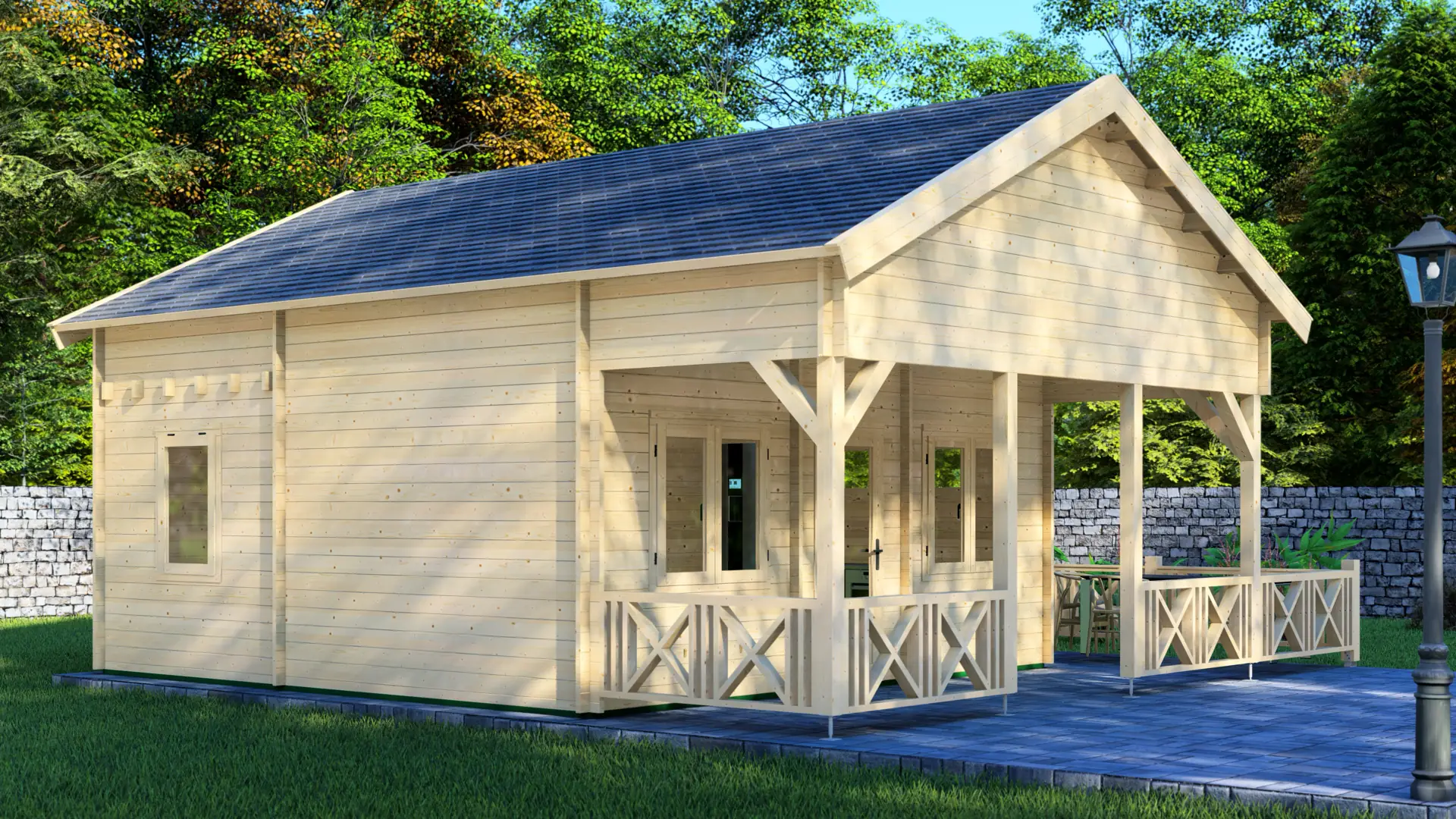 Dārza mājiņa "Pleasant" - 28 m² dzīvojamo zona, 14 m² pusstāvs un 17,7 m² terasa Dārza mājiņa "Pleasant" ar 28 m² dzīvojamo zonu, 14 m² pusstāvu un 17,7 m² terasi ar jumtu, kas būvēta no ziemeļu egles ar 44 mm sienas biezumu.