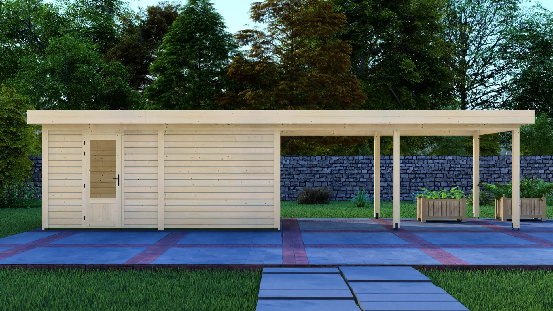 DSHouse dārza mājiņa 5x3m ar nojumi 5x3m - modulāra koka konstrukcija Dārza mājiņa 5x3m ar nojumi 5x3m - modulāra ziemeļu egles konstrukcija ar horizontālu apšuvumu un plakanu jumtu, kas paplašinās veidojot nojumi.