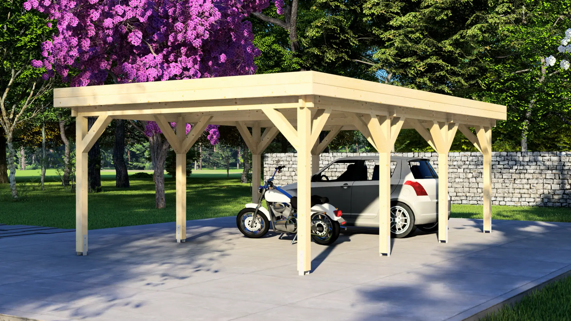 Koka nojume "Classic" 7×4 ar plakanu jumtu - DSHouse Latvijas ražotājs Koka nojume "Classic" 7×4 ar plakanu jumtu, kas parāda automašīnu nojumes priekšējo skatu ar ziemeļu egles konstrukciju un plakano jumtu