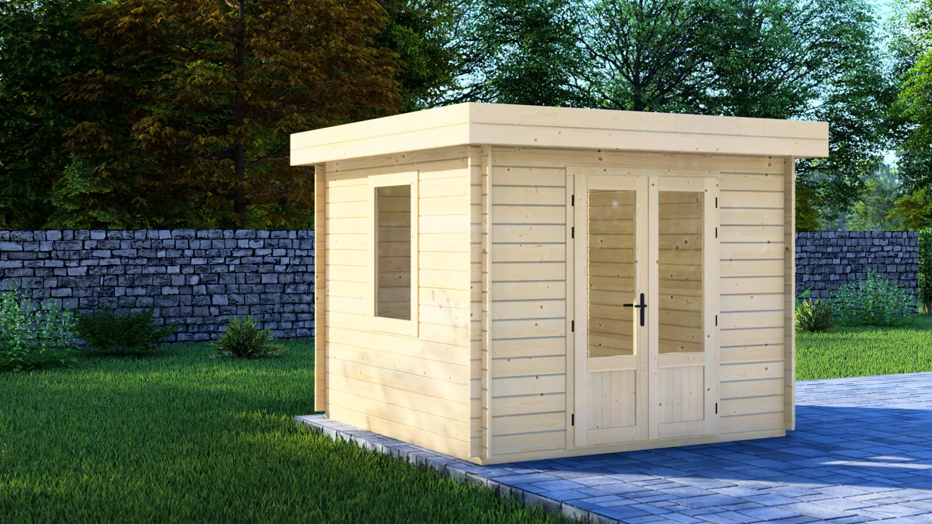 DSHouse dārza mājiņa "Compact" - kvalitatīva koka āra konstrukcija Dārza mājiņa "Compact" ir kvadrātveida 280×280 cm koka konstrukcija ar platām dubultajām durvīm un fiksētu logu, kas nodrošina 7,8 m² telpu dārza piederumu uzglabāšanai.