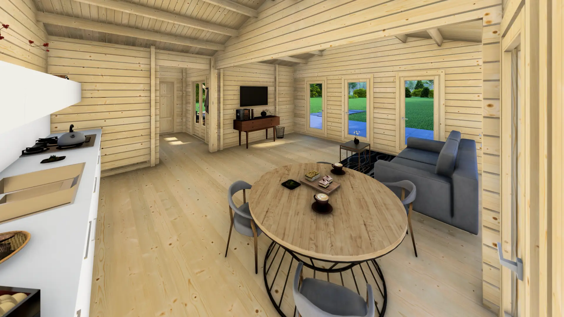 Dārza māja "Jolly" — 58 m² divslīpju jumta mājiņa ar 68 mm biezām sienām Dārza māja "Jolly" ar 58 m² divslīpju jumtu un 68 mm biezām sienām, kas pagarina izmantošanas sezonu