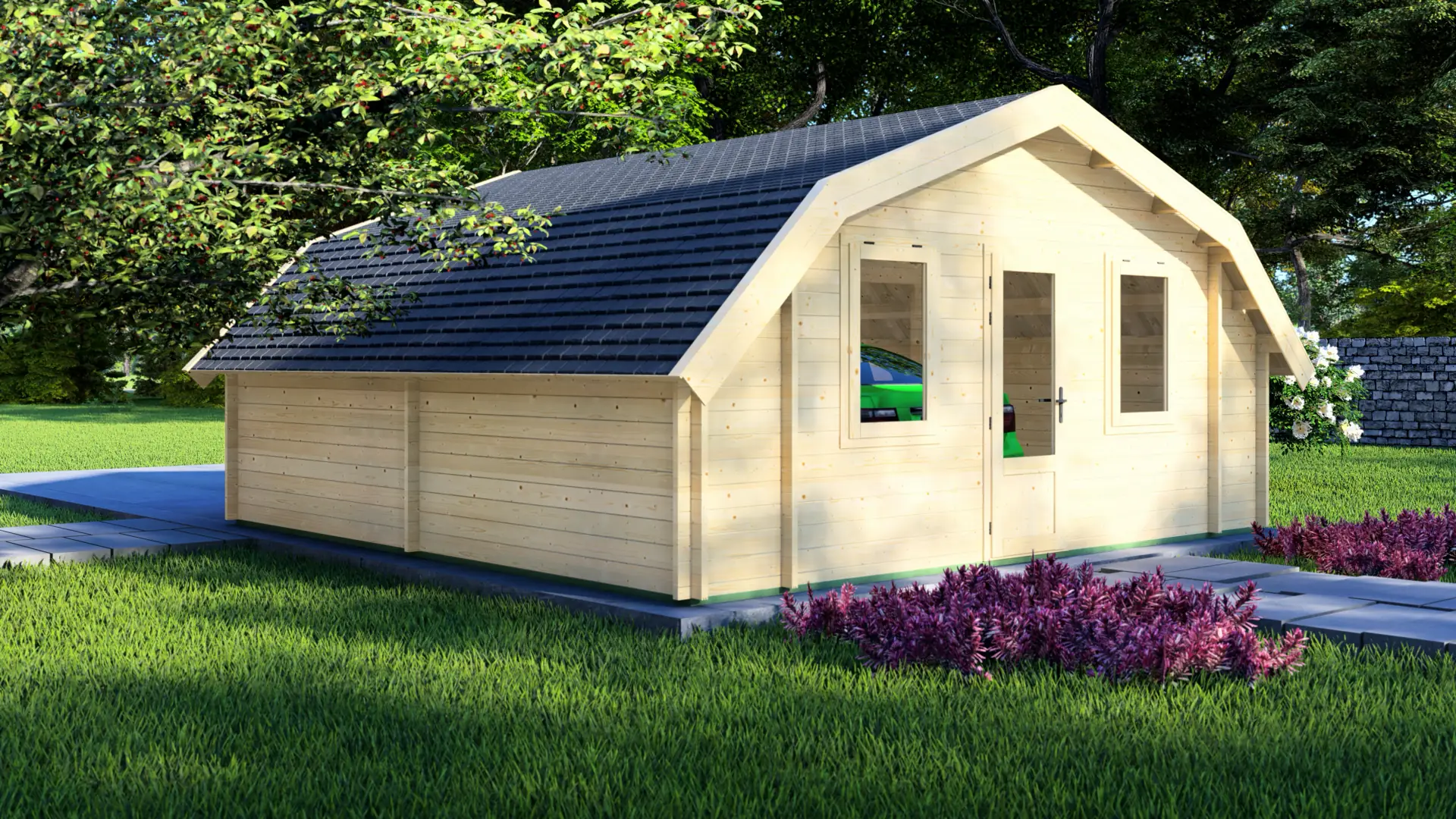 Koka garāža "Cheerful" 6×6 - DSHouse kvalitātes koka konstrukcija Koka garāža "Cheerful" 6×6 ir plaša, šķūņa stila konstrukcija ar klasisku siluetu, kas būvēta no 44 mm ziemeļu egles ar izmēriem 5,95 m × 5,95 m.
