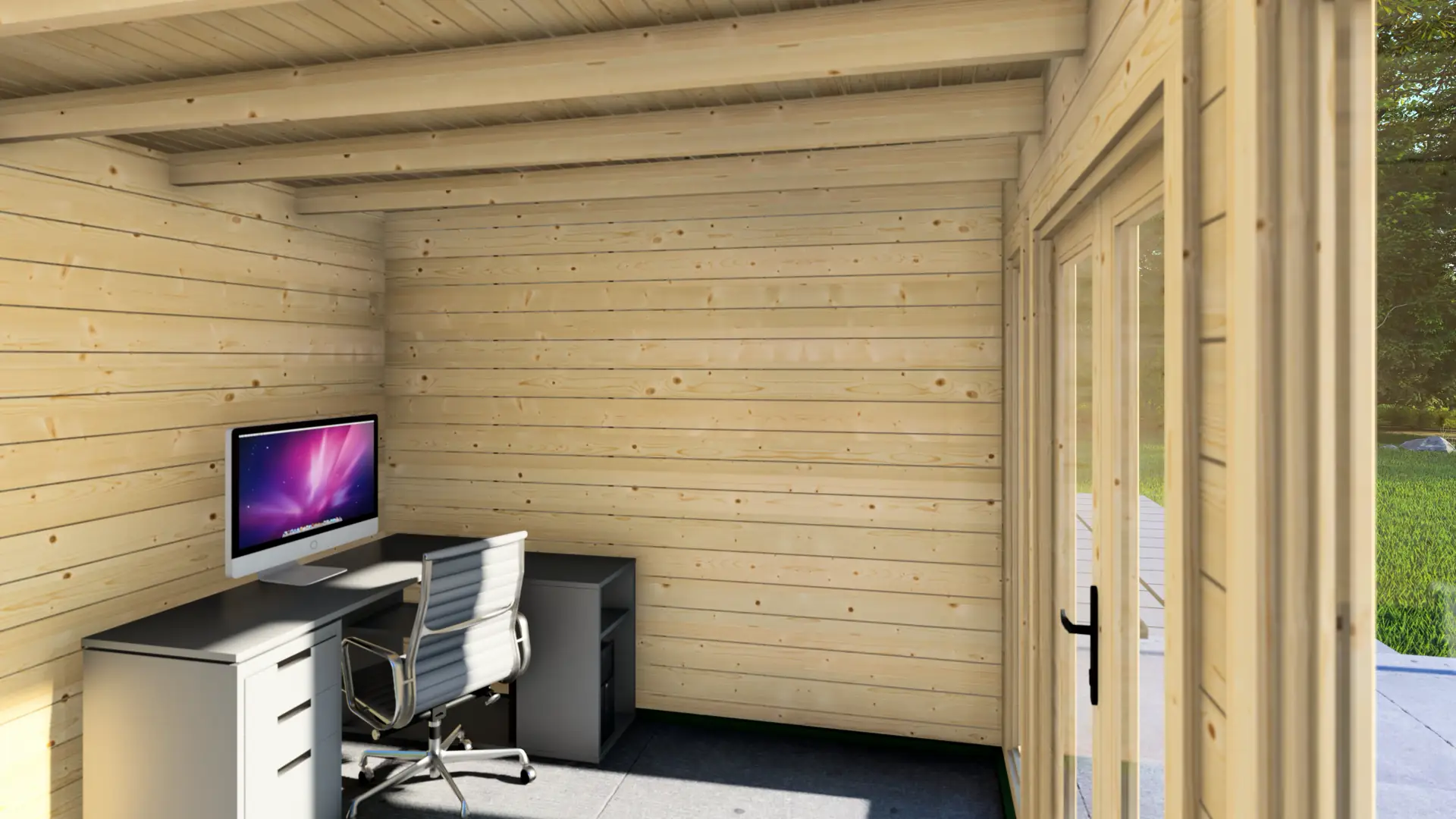 Koka mājiņa "Creative Plus" - 15m² dārza ēka ar ziemeļu egles sienām Koka mājiņa "Creative Plus" ar mūsdienīgu plakano jumtu un verandu, kas piemērota mājas birojam vai radošai studijai