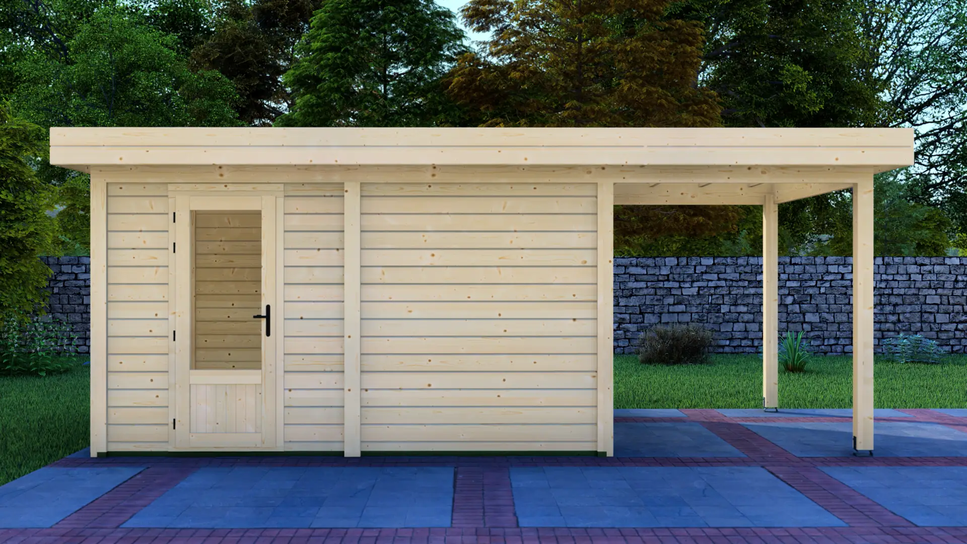 DSHouse dārza mājiņa 4x3m ar nojumi 2x3m - kvalitatīva koka konstrukcija Dārza mājiņa 4x3m ar nojumi 2x3m - modulāra ziemeļu egles konstrukcija ar horizontālu apšuvumu un plakanu jumtu, kas paplašinās veidojot nojumi.