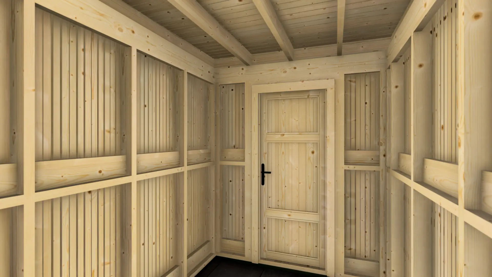 Dārza mājiņa "Frame" 2x3 + nojume 4x3 ar 18 m² apbūves laukumu Dārza mājiņa "Frame" 2x3 + nojume 4x3 ar tīru, minimālistisku koka dizainu un pagarinātu nojumi, kas rada aizsargātu zonu.