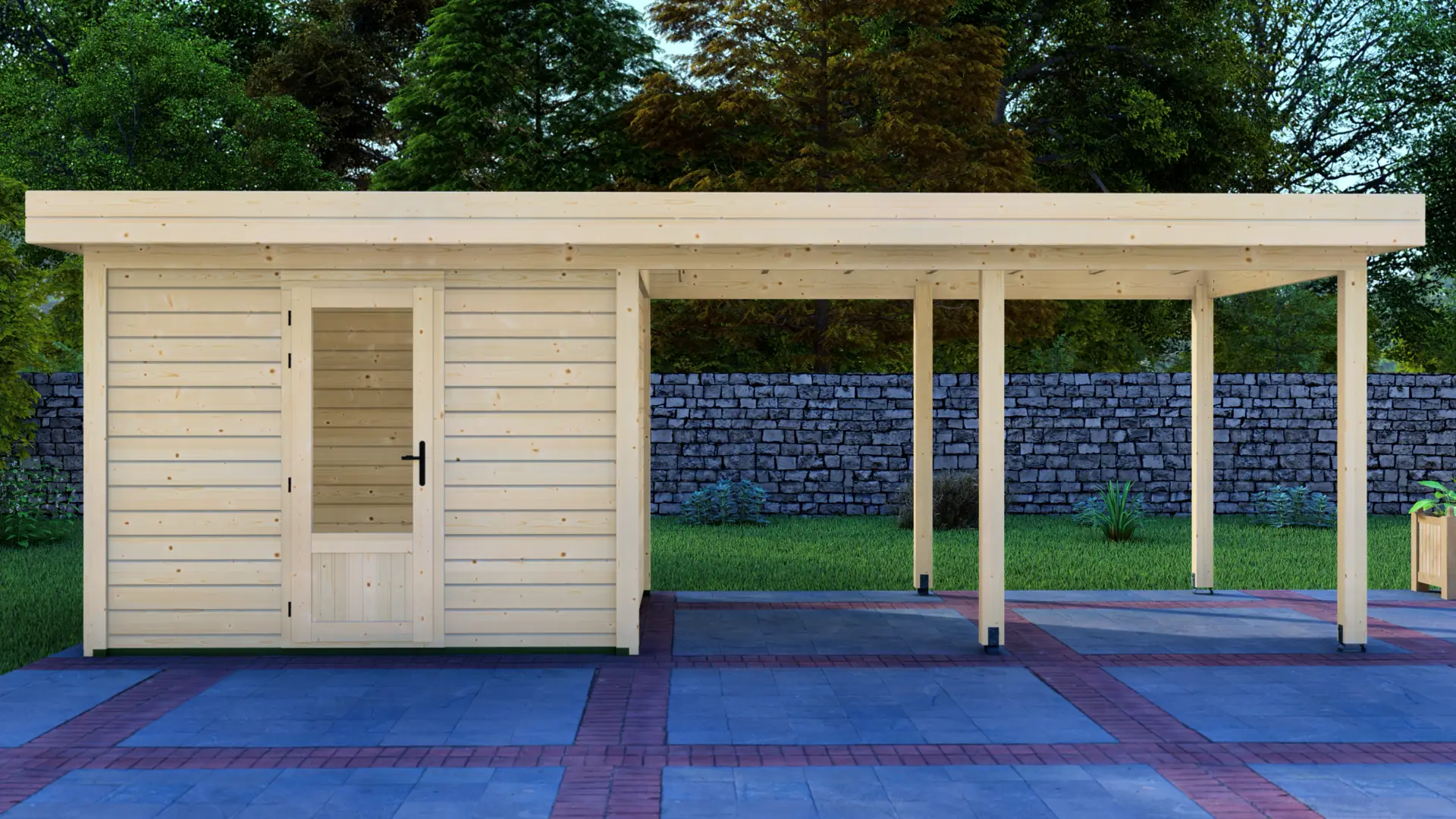 Dārza mājiņa 3x3m ar nojumi 4x3m - DSHouse kvalitātes koka konstrukcija Dārza mājiņa 3x3m ar nojumi 4x3m - modulāra ziemeļu egles mājiņa ar horizontālu apšuvumu un plakanu jumtu, kas paplašinās veidojot nojumi.