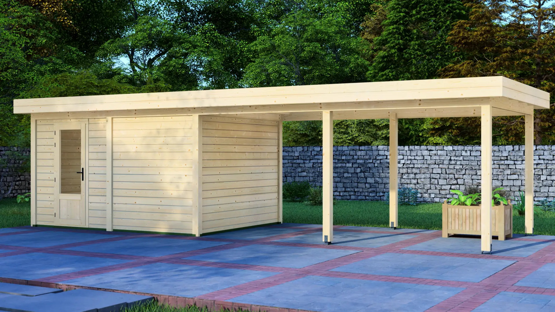 DSHouse dārza mājiņa 4x3m ar nojumi 5x3m - modulāra koka konstrukcija Dārza mājiņa 4x3m ar nojumi 5x3m - modulāra ziemeļu egles konstrukcija ar horizontālu apšuvumu un plakanu jumtu, priekšējais skats