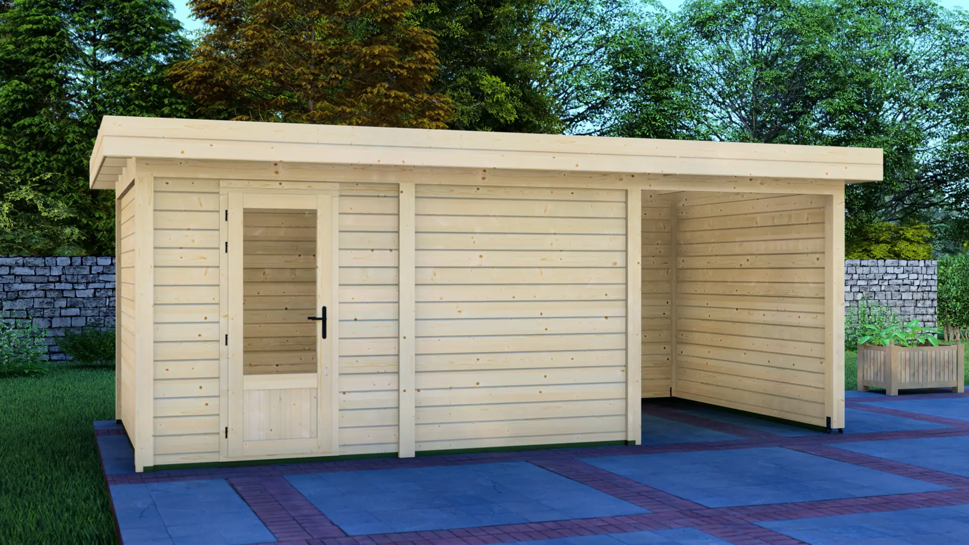 DSHouse dārza mājiņa 4x3m ar nojumi 2x3m - aizmugures sienas skats Dārza mājiņa 4x3m ar nojumi 2x3m aizmugures sienas skats ar horizontālu ziemeļu egles apšuvumu un plakanu jumtu
