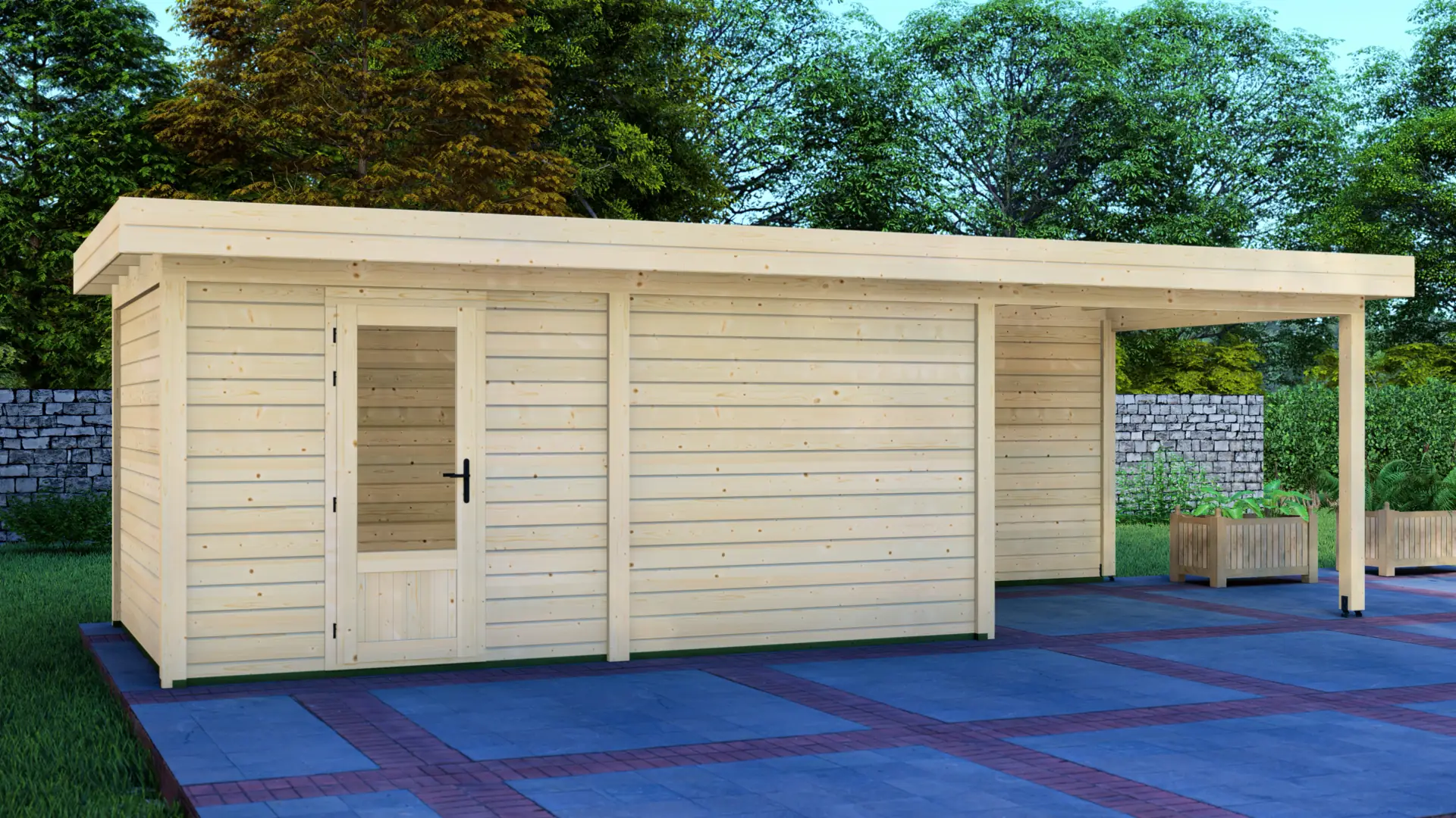 DSHouse dārza mājiņa 5x3m ar nojumi 3x3m: aizmugures skats Dārza mājiņa 5x3m ar nojumi 3x3m aizmugures skats uz modulāro ziemeļu egles konstrukciju ar horizontālu apšuvumu un plakanu jumtu.