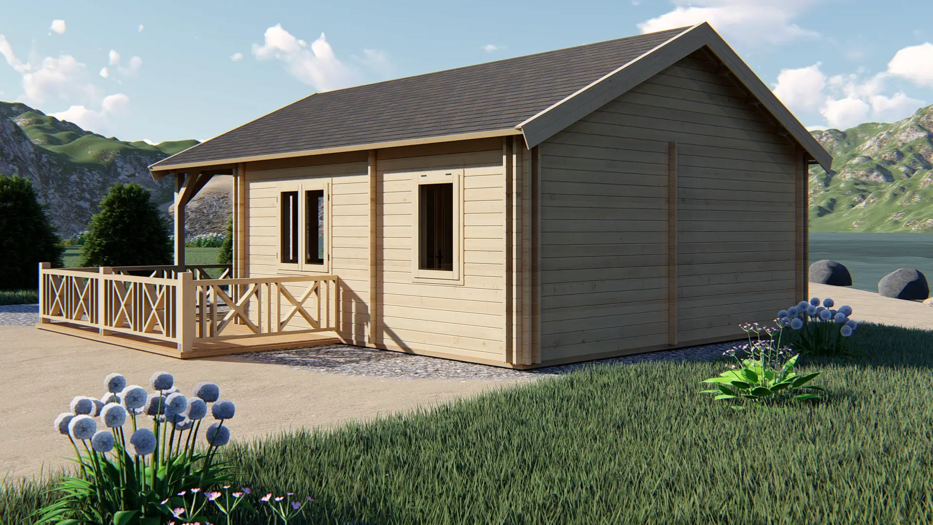 DSHouse dārza mājiņa "Pleasant" - kvalitatīva koka konstrukcija ar terasi Dārza mājiņa "Pleasant" ar 28 m² dzīvojamo zonu un 17,7 m² terasi, būvēta no ziemeļu egles ar 44 mm sienas biezumu