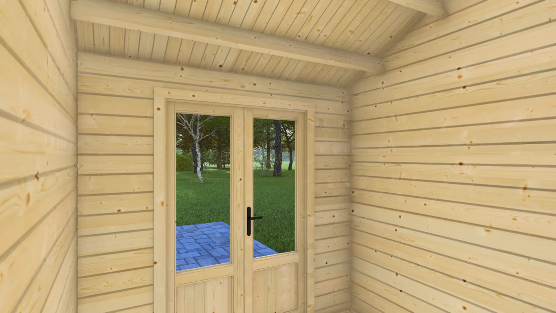 Dārza mājiņa “Serene” - kompakta guļbūve ar terasi un iekštelpu Dārza mājiņa “Serene” ar 9m² segtu terasi un 6,4m² iekštelpu, izgatavota no ziemeļu egles ar divslīpju jumtu.