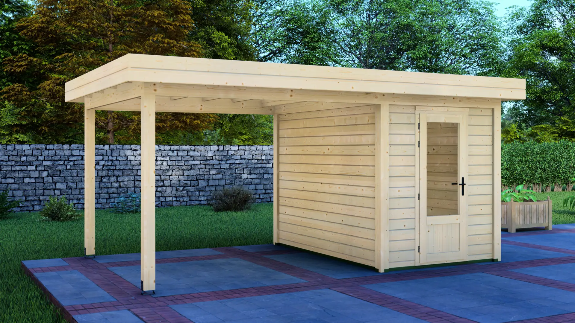 Dārza mājiņa 2x3m ar nojumi 3x3m - modulāra koka konstrukcija Dārza mājiņa 2x3m ar nojumi 3x3m ir modulāra 6m² slēgta ziemeļu egles konstrukcija ar horizontālu apšuvumu un plakanu jumtu.