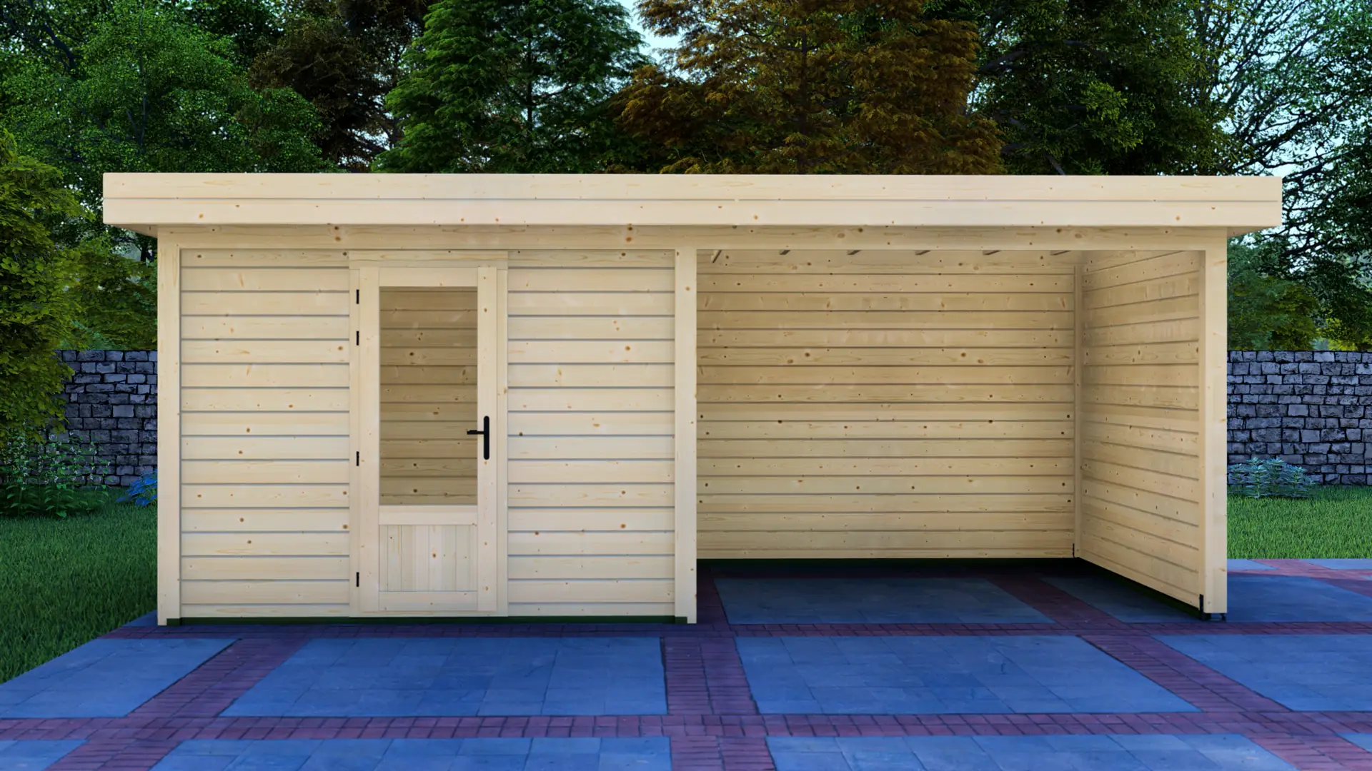 DSHouse dārza mājiņa 3x3m ar nojumi 3x3m - aizmugures un sienas skats Dārza mājiņa 3x3m ar nojumi 3x3m aizmugures un sienas skats, kurā redzama modulāra ziemeļu egles konstrukcija ar horizontālu apšuvumu un plakanu jumtu.