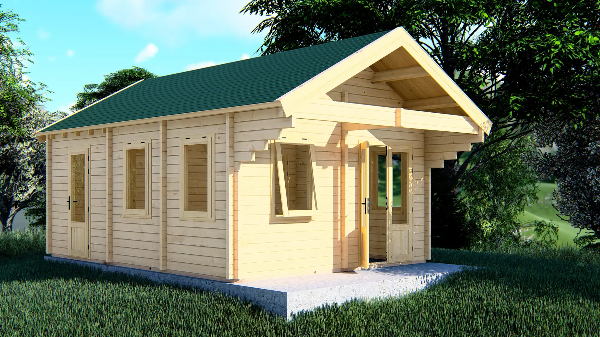 The Garden House "Calm", with three ground-floor rooms and a 10 m² mezzanine, is made of Nordic spruce with seven double windows.