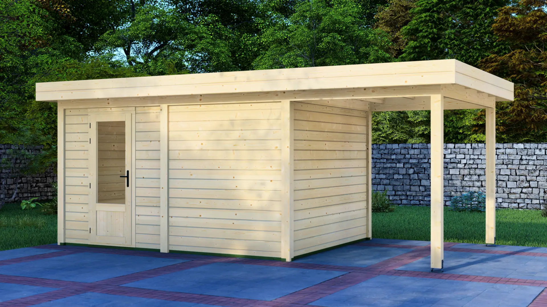 Dārza mājiņa 4x3m ar nojumi 2x3m - modulāra koka konstrukcija Dārza mājiņa 4x3m ar nojumi 2x3m - modulāra ziemeļu egles konstrukcija ar horizontālu apšuvumu un plakanu jumtu, kas paplašinās veidojot nojumi.