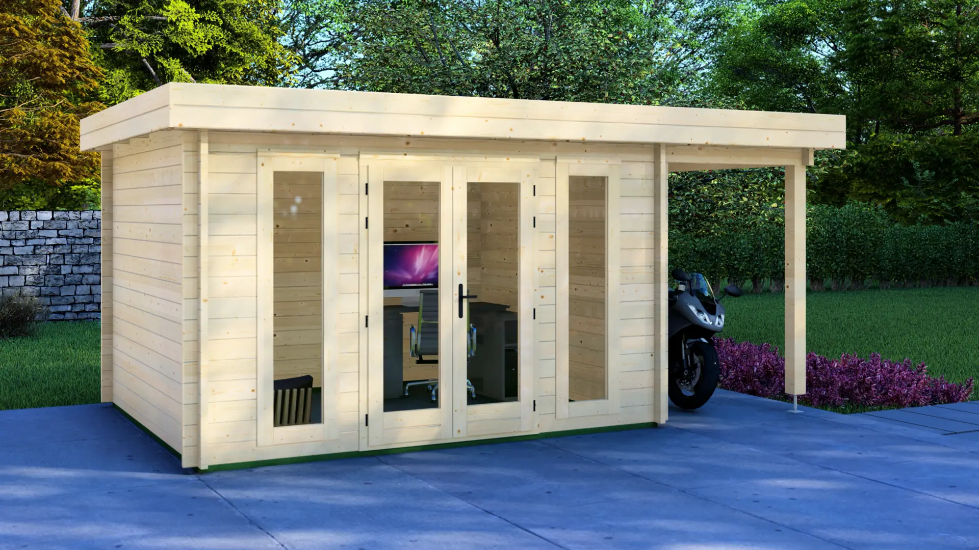 Creative Plus Log Cabin with flat roof and veranda, suitable for Home Office or creative studio