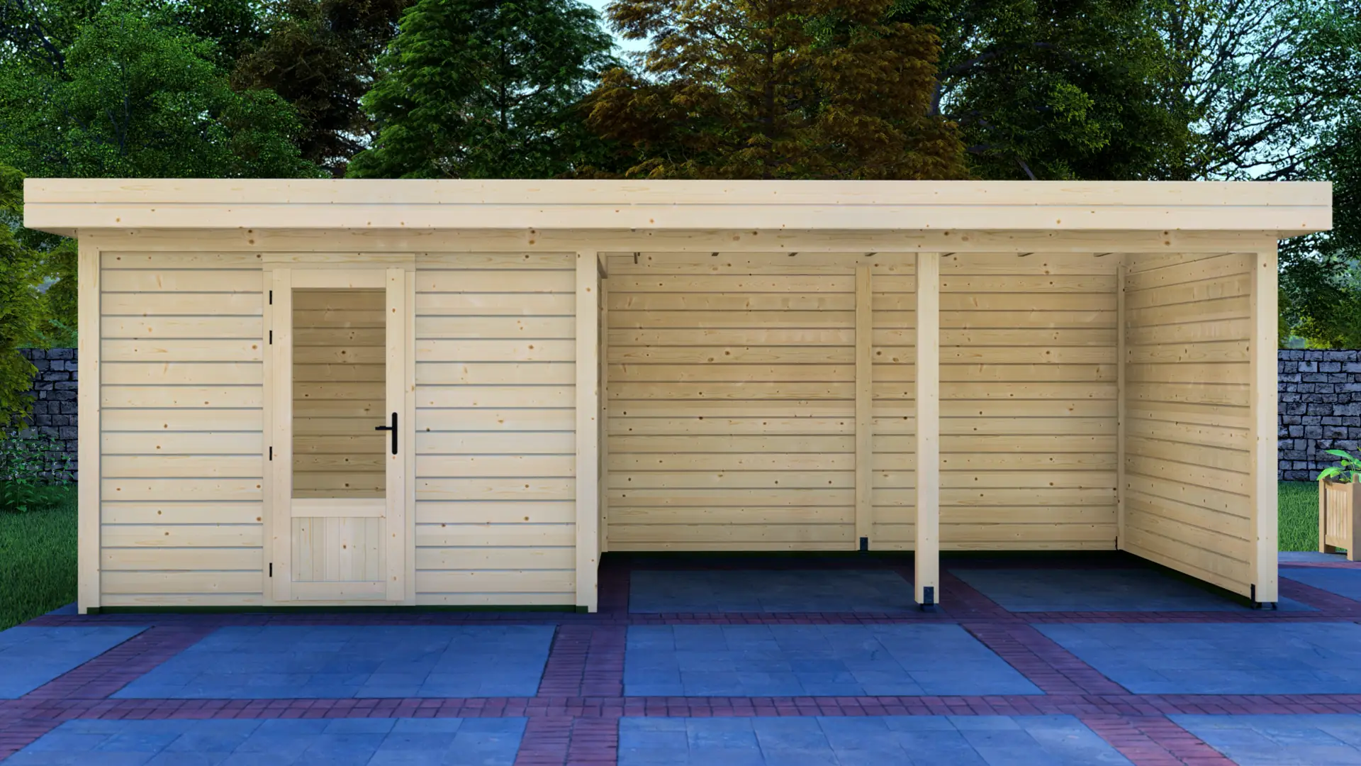 DSHouse dārza mājiņa 3x3m ar nojumi 4x3m - aizmugures un sienas skats Dārza mājiņa 3x3m ar nojumi 4x3m aizmugures un sienas skats ar horizontālu apšuvumu un plakanu jumtu