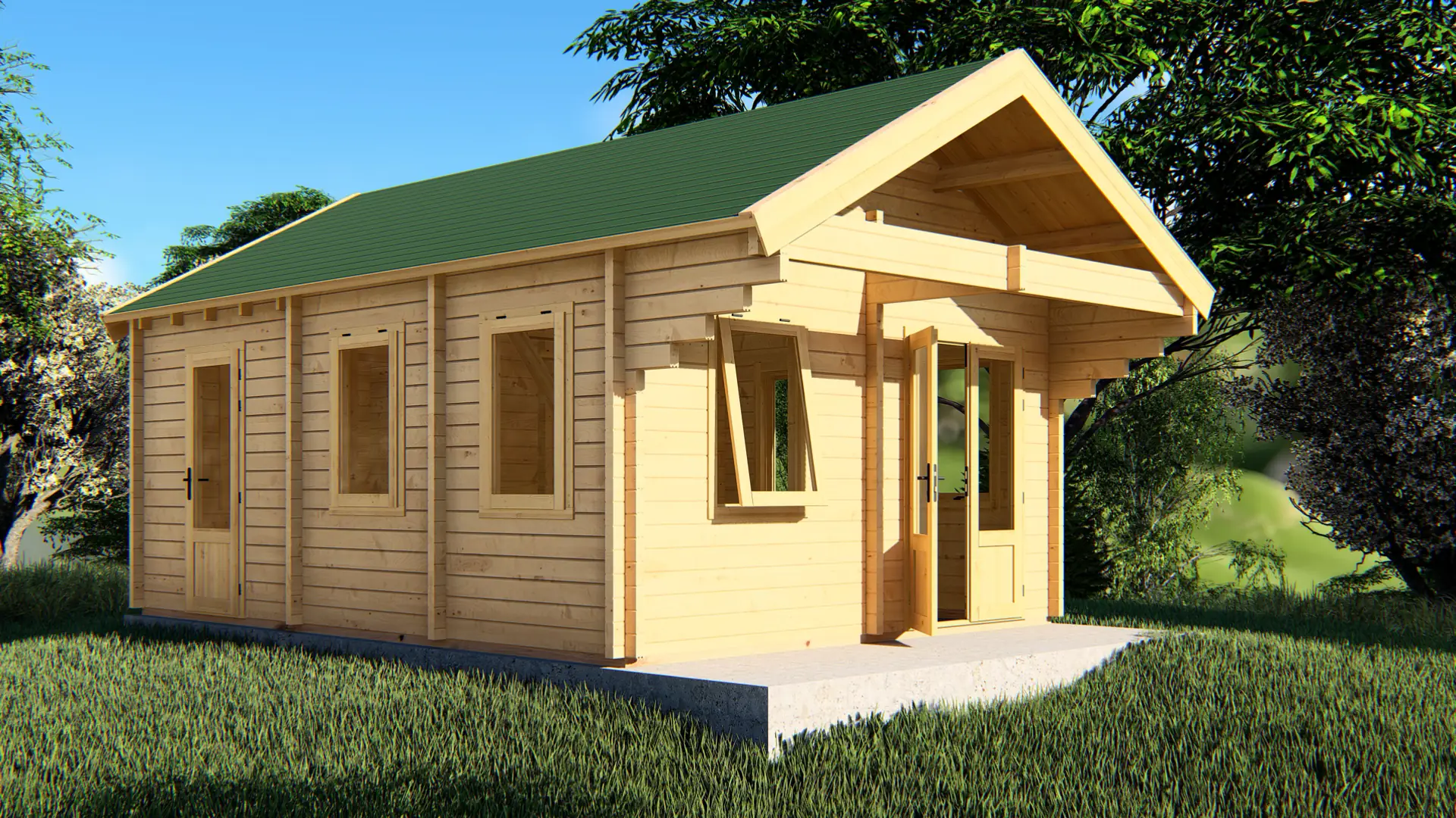 DSHouse dārza mājiņa "Calm" - 34,9 m² dzīvojamā platība Dārza mājiņa "Calm" ar trim pirmā stāva telpām un 10 m² pusstāvu, izgatavota no ziemeļu egles ar septiņiem dubultajiem logiem