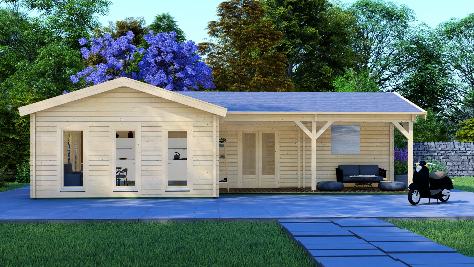DSHouse dārza māja "Jolly" - 58 m² divslīpju jumta konstrukcija ar 68 mm sienām Dārza māja "Jolly" ar 58 m² divslīpju jumtu un 68 mm biezām sienām, kas pagarina izmantošanas sezonu, priekšējā skats ar nosegtu terasi.