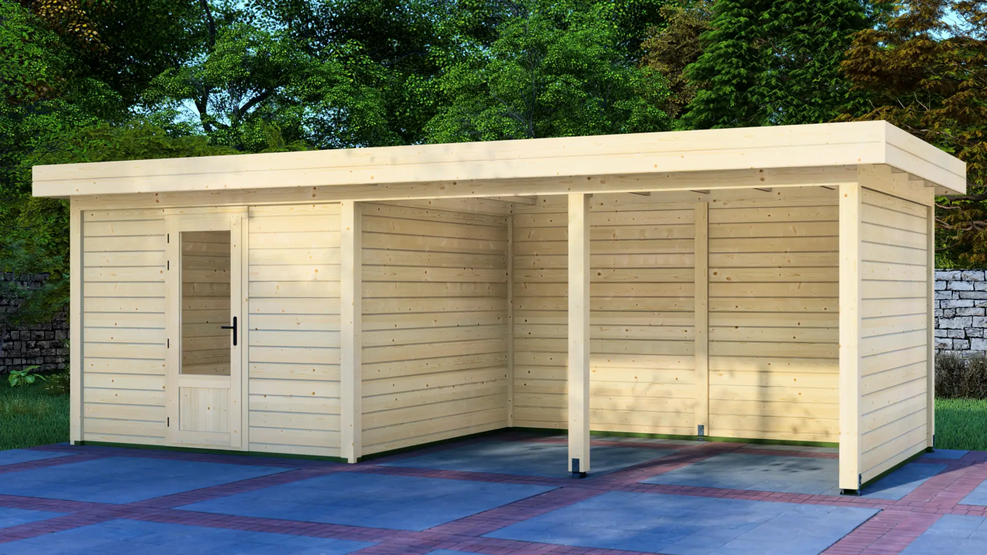 DSHouse dārza mājiņa 3x3m ar nojumi 4x3m: aizmugures un sānu sienas skats Dārza mājiņa 3x3m ar nojumi 4x3m aizmugures sienas un sānu sienas skats ar horizontālu apšuvumu un plakanu jumtu