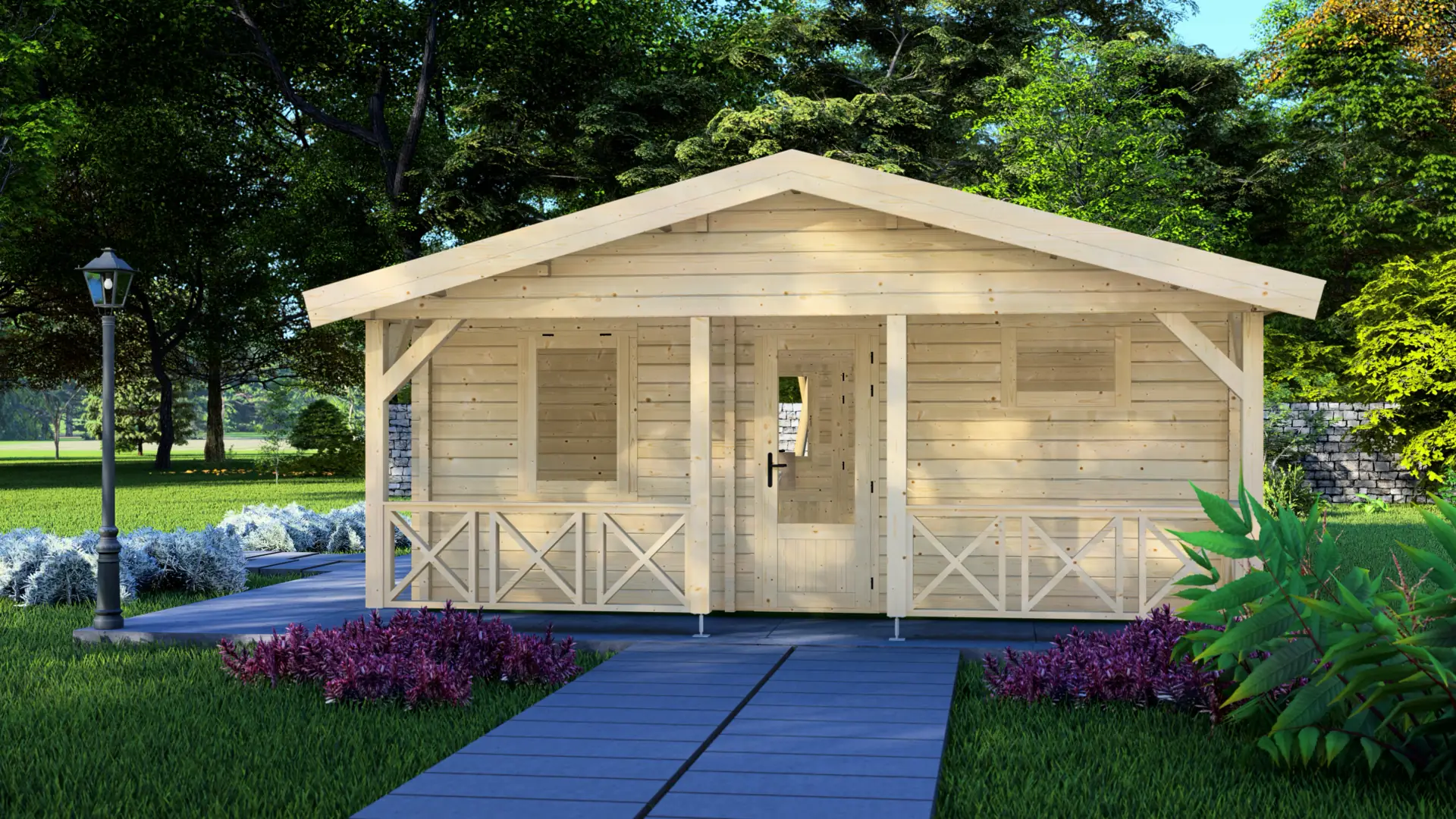 Dārza māja "Hopeful" - 45,2 m² koka konstrukcija ar terasi un astoņiem logiem Dārza māja "Hopeful" ar 45,2 m² platību, izgatavota no ziemeļu egles ar 68 mm sienām visu gadu izmantošanai, ar astoņiem logiem un terasi.