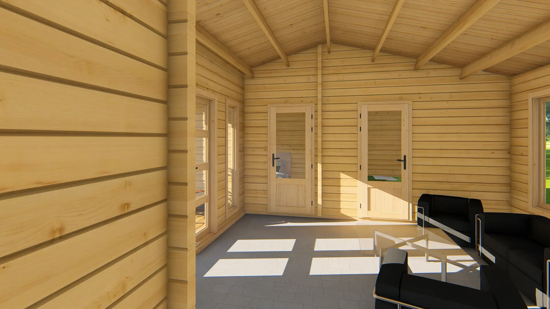 DSHouse dārza māja "Hopeful" - 45,2 m² koka konstrukcija ar terasi un astoņiem logiem Dārza māja "Hopeful" ar 45,2 m² platību, izgatavota no ziemeļu egles ar 68 mm sienām, ar astoņiem logiem un terasi, kas aptver divas sienas.