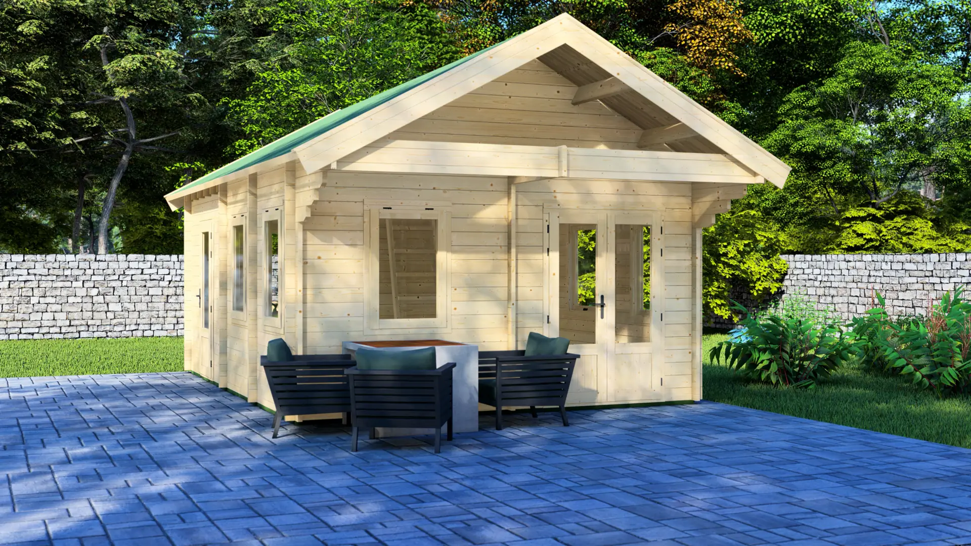 Dārza mājiņa "Calm" - 34,9 m² dzīvojamā platība ar ziemeļu egles sienām Dārza mājiņa "Calm" ir daudzistabu koka konstrukcija ar 34,9 m² dzīvojamās platības un septiņiem dubultajiem logiem, kas izgatavota no ziemeļu egles.