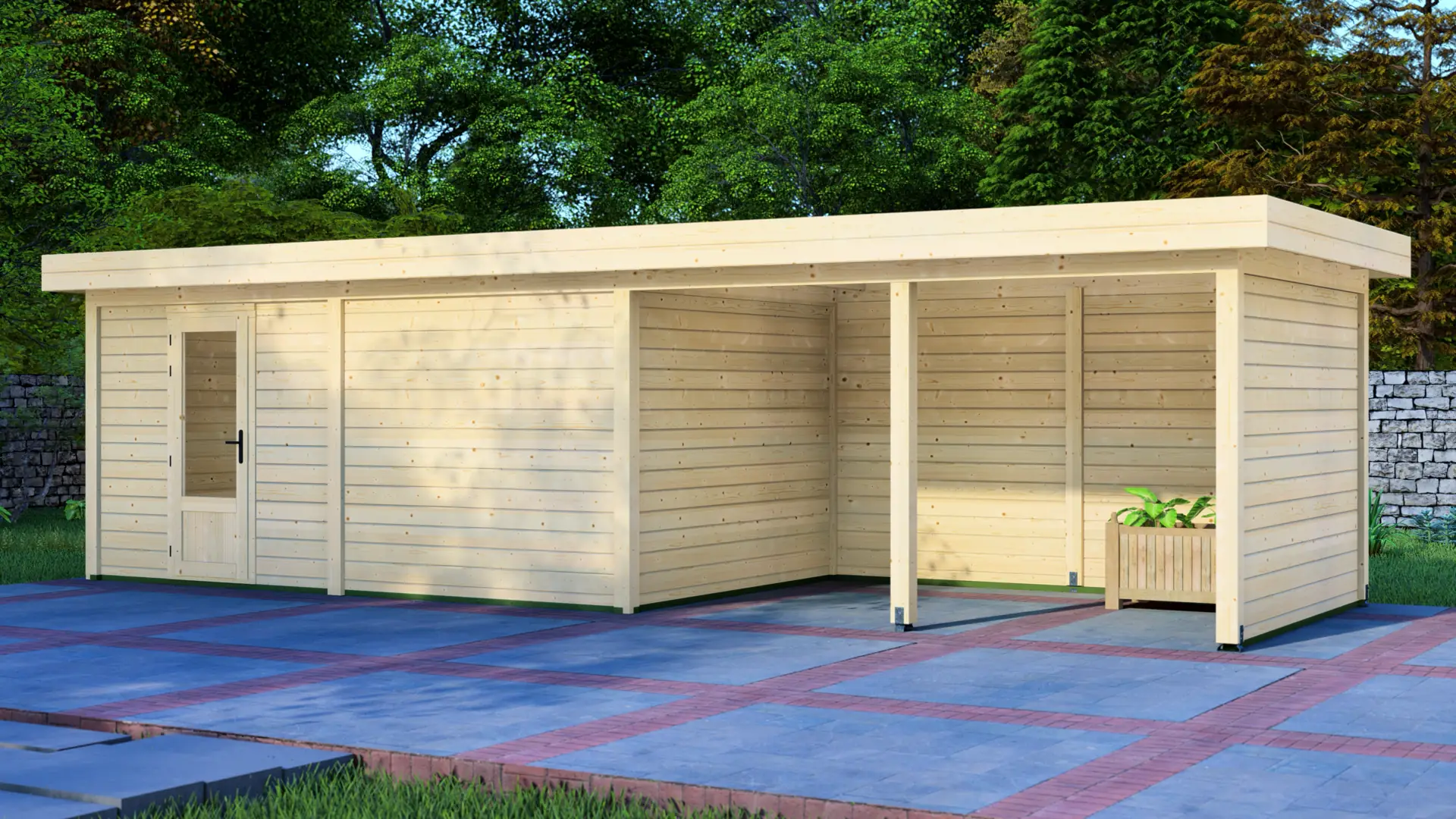 Dārza mājiņa 5x3m ar nojumi 4x3m - aizmugures un sānu sienas skats Dārza mājiņa 5x3m ar nojumi 4x3m aizmugures un sānu sienas skats, kurā redzama modulāra ziemeļu egles konstrukcija ar horizontālu apšuvumu un plakanu jumtu.