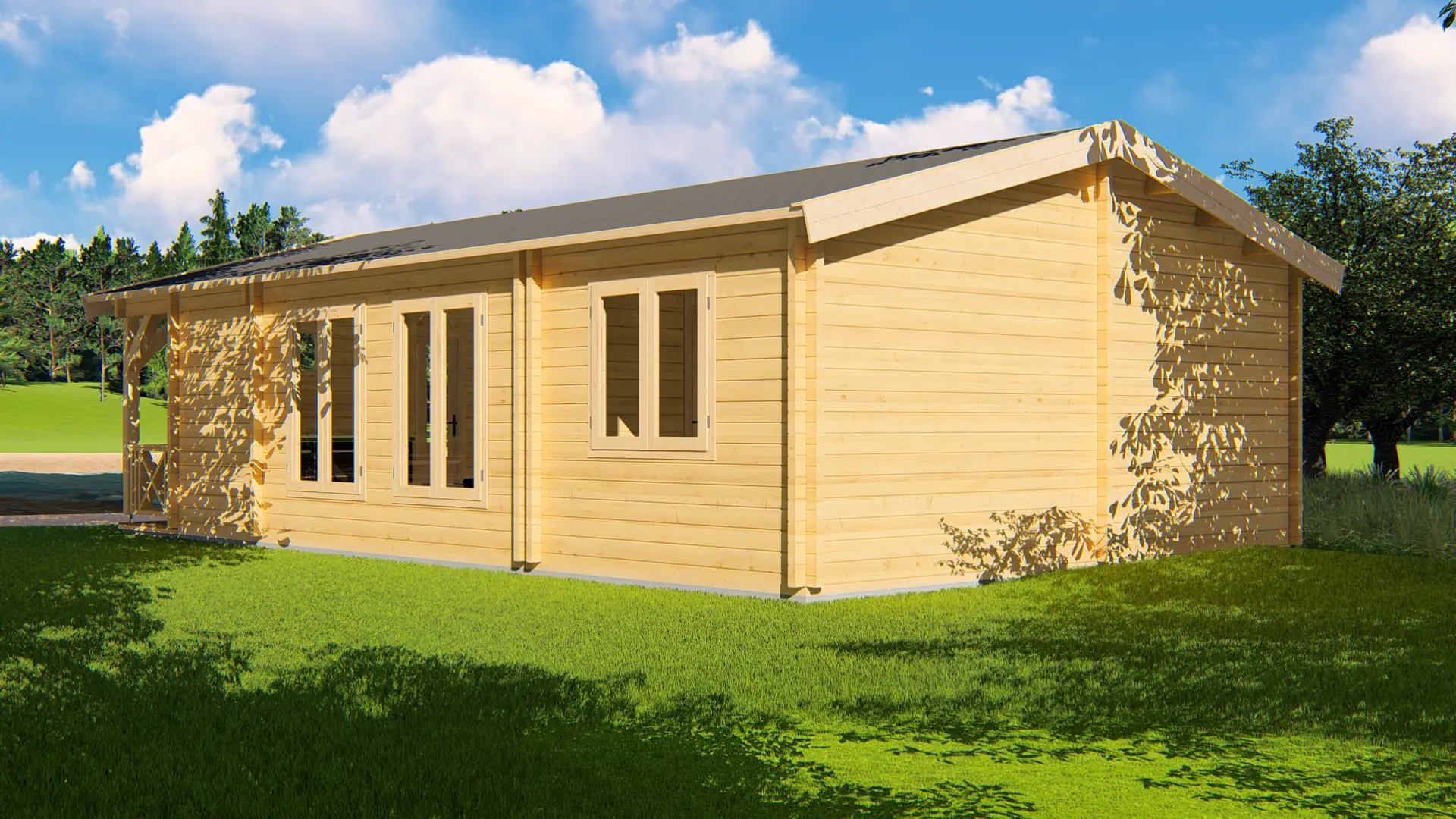 DSHouse dārza māja "Hopeful" - 45,2 m² ar četrām telpām un terasi Dārza māja "Hopeful" ar 45,2 m² platību, kas sadalīta četrās telpās un terasi, izgatavota no ziemeļu egles ar 68 mm sienām visu gadu izmantošanai.