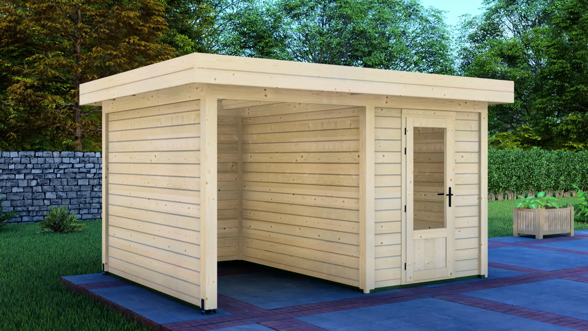Dārza mājiņa 2x3m ar nojumi 2x3m - aizmugures un sānu sienas skats Dārza mājiņa 2x3m ar nojumi 2x3m aizmugures un sānu sienas skats ar horizontālu apšuvumu un plakanu jumtu