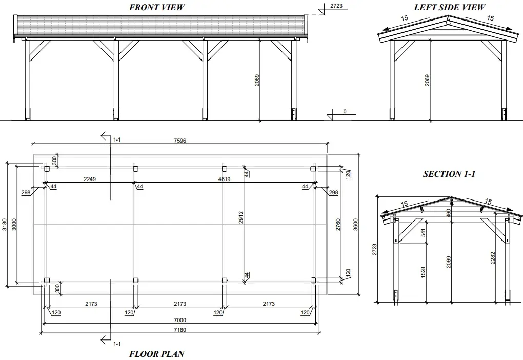 Koka nojume "Classic" 7×3 ar divslīpju jumta plāns un izmēri Koka nojume "Classic" 7×3 ar divslīpju jumtu plāns ar izmēriem un konstrukcijas detaļām, kas parāda tās izmērus un būvniecības iezīmes.