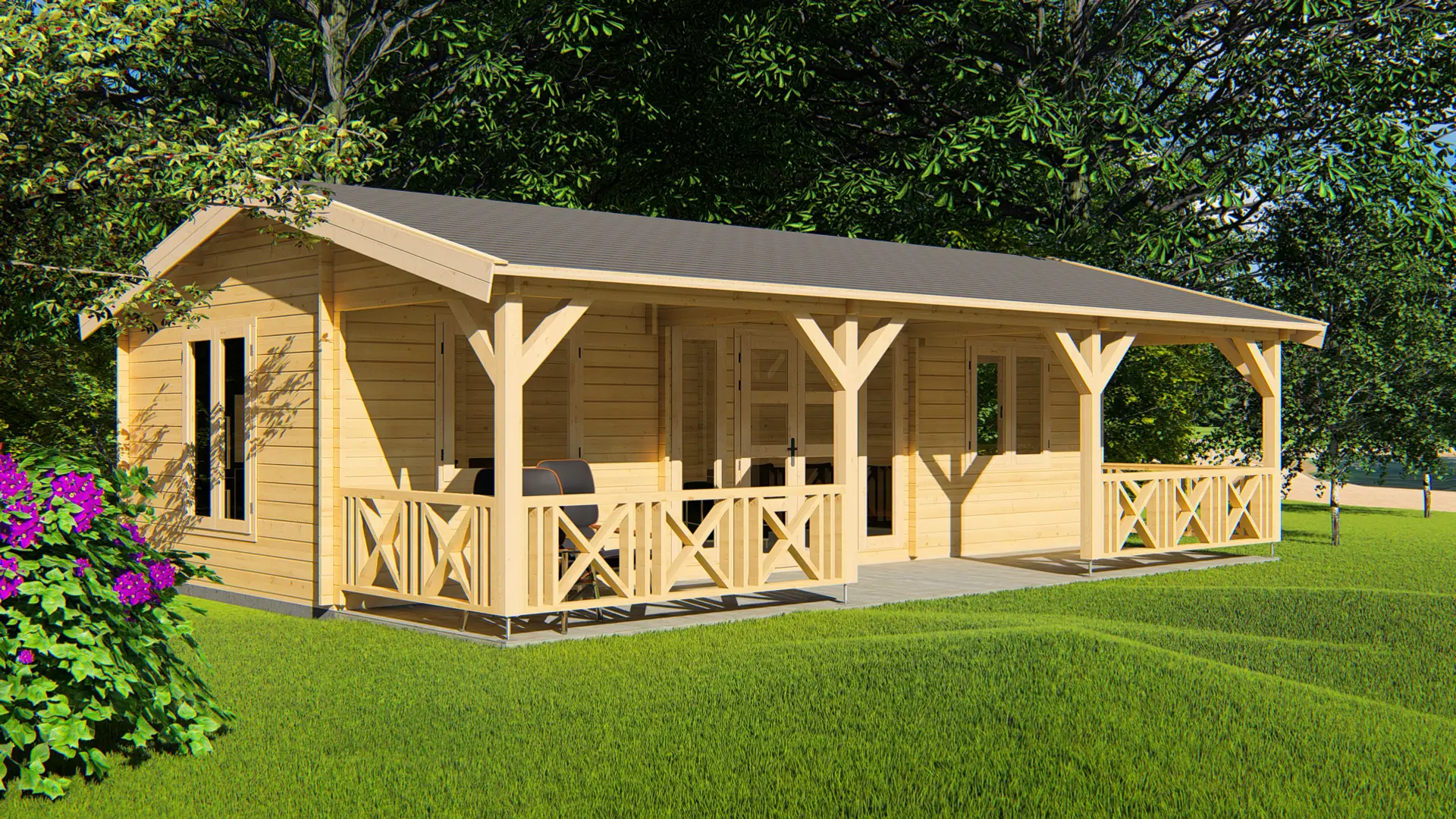 Dārza māja "Glorious" - 53 m² koka konstrukcija ar terasi Dārza māja "Glorious" ar 53 m² platību, izgatavota no ziemeļu egles ar divslīpju jumtu un 18,2 m² lielu terasi, eksterjera skats