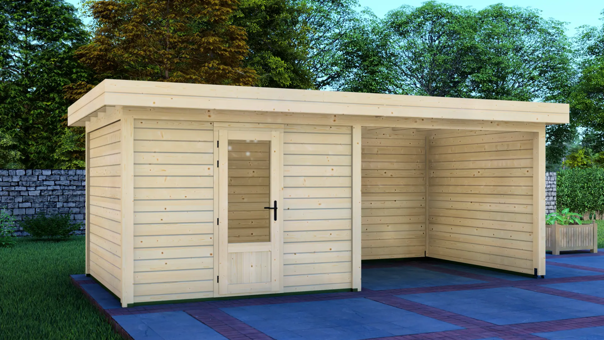 DSHouse dārza mājiņa 3x3m ar nojumi 3x3m - aizmugures un sānu sienas skats Dārza mājiņa 3x3m ar nojumi 3x3m aizmugures un sānu sienas skats ar horizontālu ziemeļu egles apšuvumu un plakanu jumtu