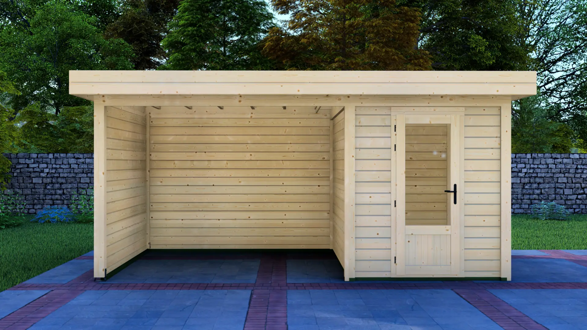 DSHouse dārza mājiņa 2x3m ar nojumi 3x3m - aizmugures un sānu sienas skats Dārza mājiņa 2x3m ar nojumi 3x3m aizmugures un sānu sienas skats, kurā redzama modulāra ziemeļu egles konstrukcija ar horizontālu apšuvumu un plakanu jumtu.