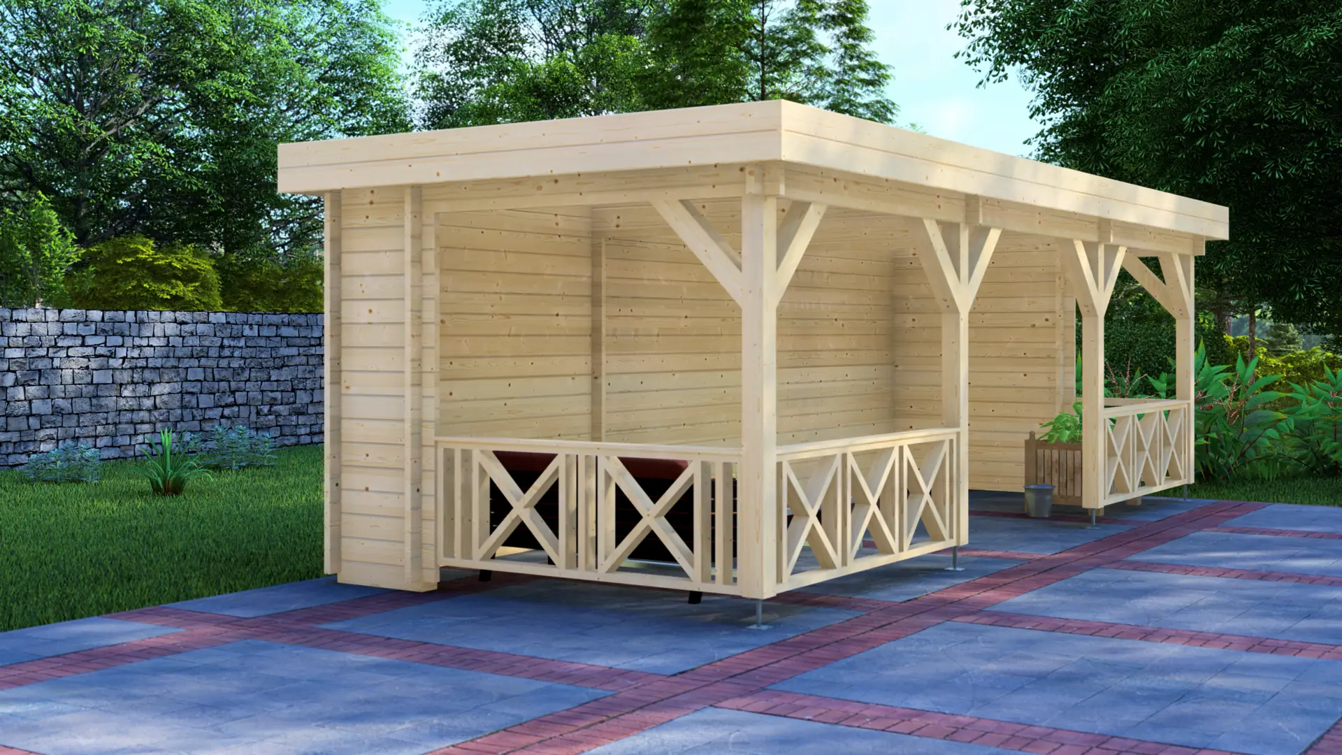 Nojume "Open" - 3 × 7,5 m koka konstrukcija ar atvērtu dizainu Nojume "Open" nodrošina 22,5 m² nosegtas āra telpas pagarinātā 3 × 7,5 m apbūves laukumā ar trīs atvērtām daļām un masīvas egles sienu.