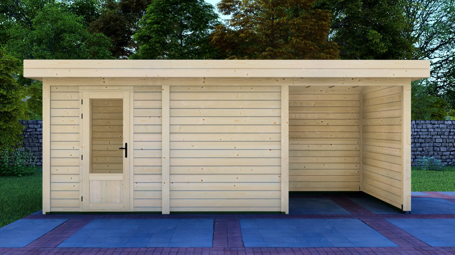 DSHouse dārza mājiņa 4x3m ar nojumi 2x3m - aizmugures sienas skats Dārza mājiņa 4x3m ar nojumi 2x3m aizmugures sienas skats ar horizontālu ziemeļu egles apšuvumu un plakanu jumtu