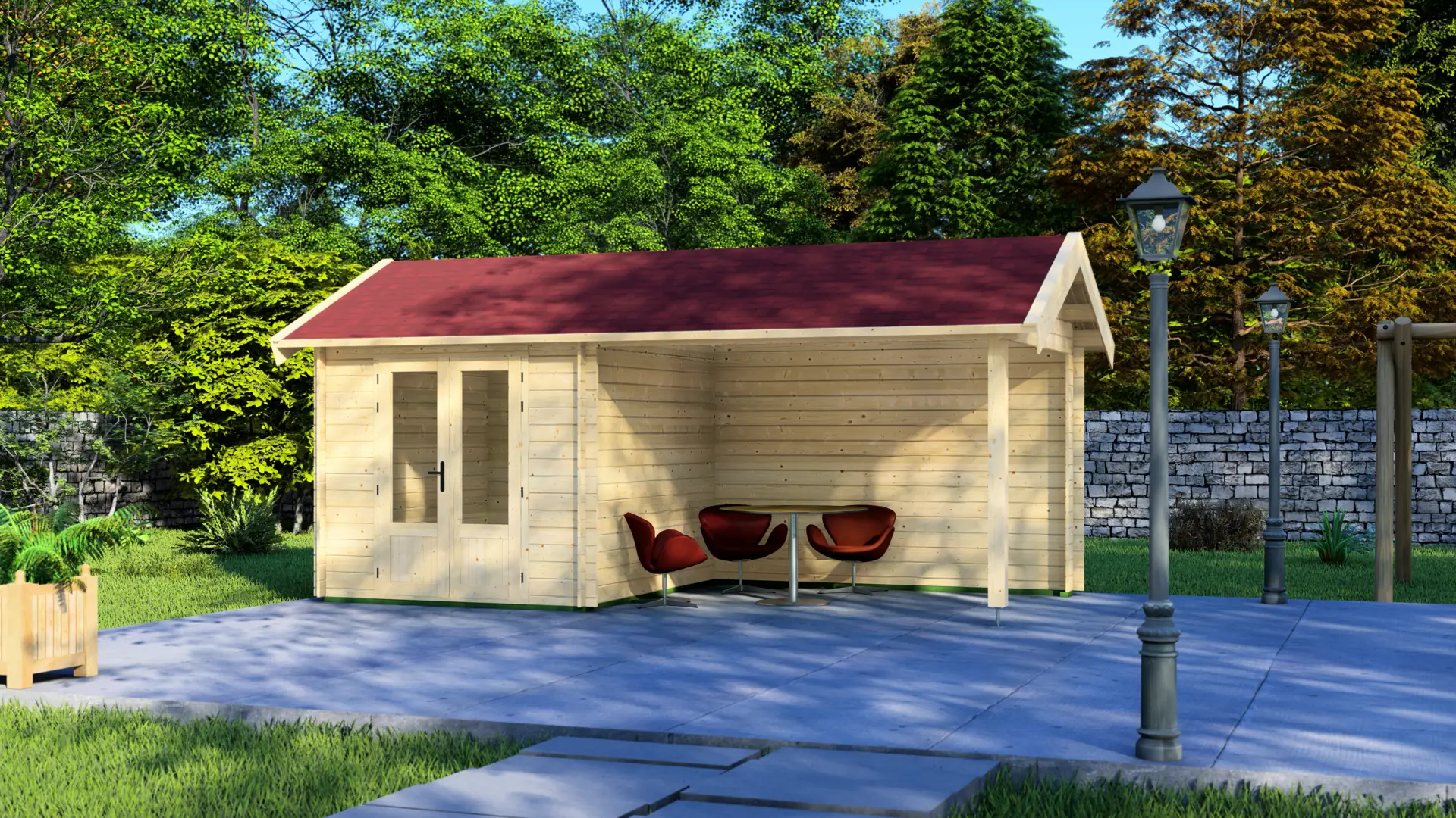 Dārza mājiņa “Serene” ar terasi un iekštelpu Dārza mājiņa “Serene” ar 9m² segtu terasi un 6,4m² iekštelpu, izgatavota no ziemeļu egles ar klasisku divslīpju jumtu.