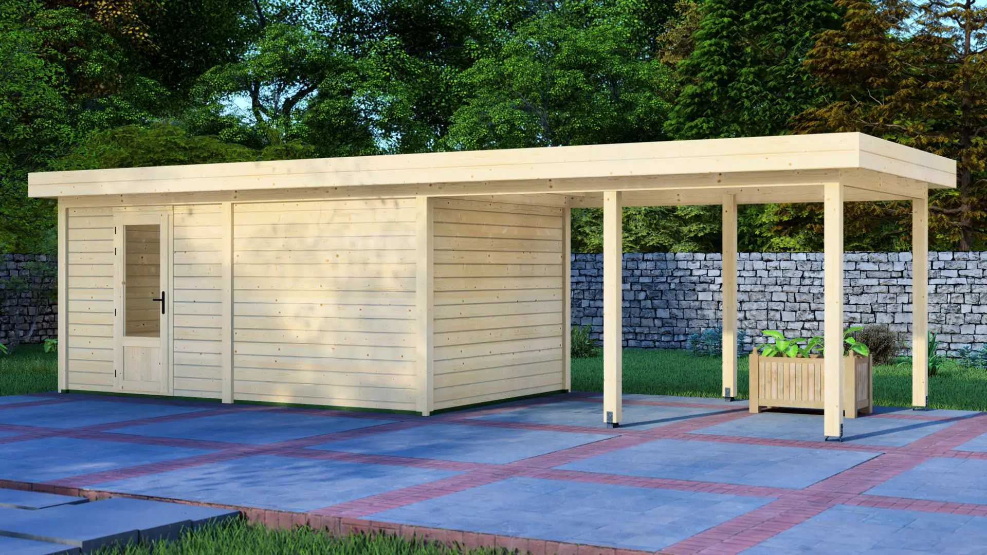 Dārza mājiņa 5x3m ar nojumi 4x3m - frontālais skats Dārza mājiņa 5x3m ar nojumi 4x3m - modulāra ziemeļu egles mājiņa ar horizontālu apšuvumu un plakanu jumtu, kas paplašinās, veidojot jumta nojumi