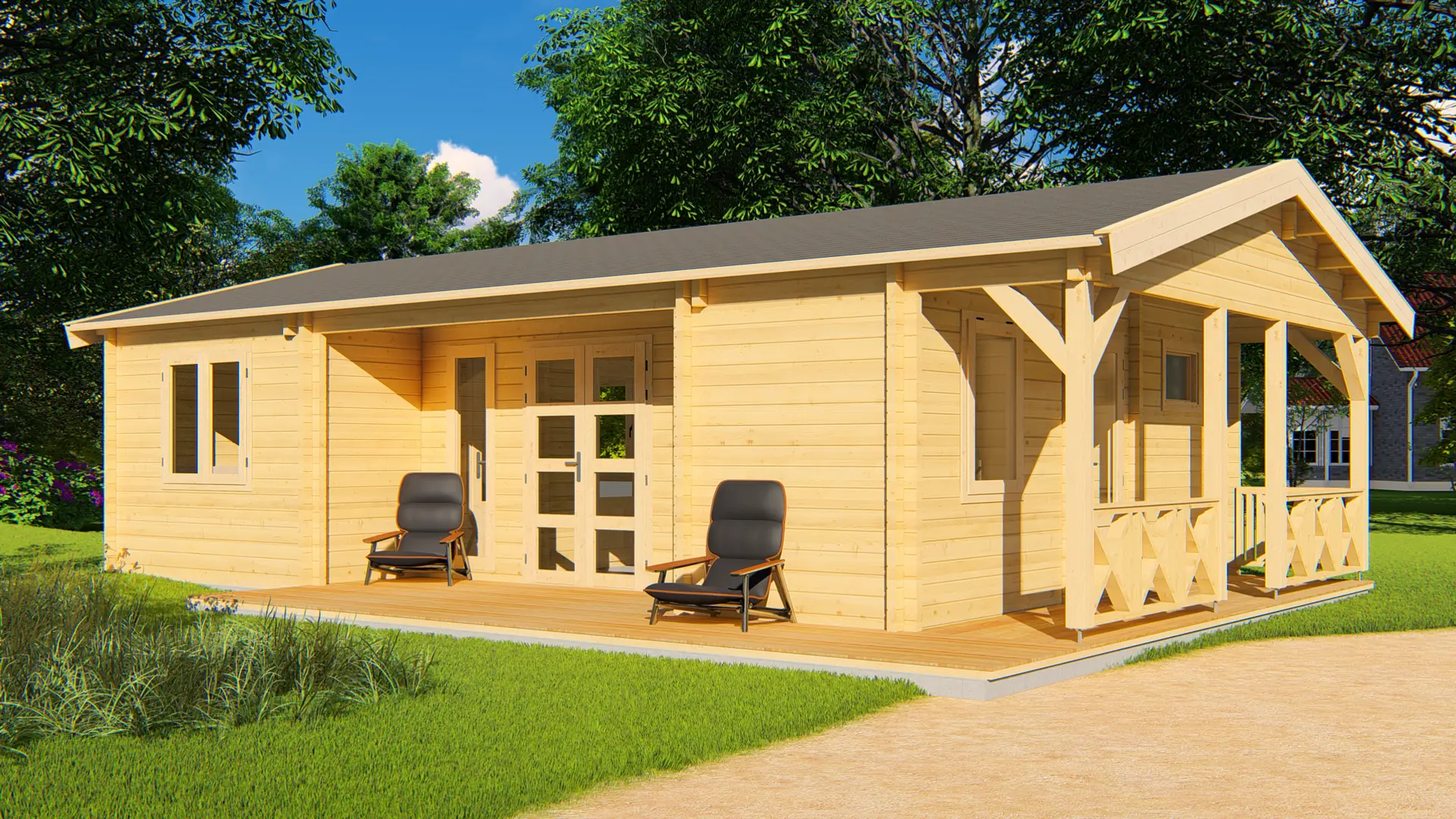 Dārza māja "Hopeful" - 45,2 m² ar četrām zonām un terasi Dārza māja "Hopeful" ar 45,2 m² platību, kas sadalīta četrās iekštelpās un terasi, izgatavota no ziemeļu egles ar 68 mm sienām visu gadu izmantošanai.