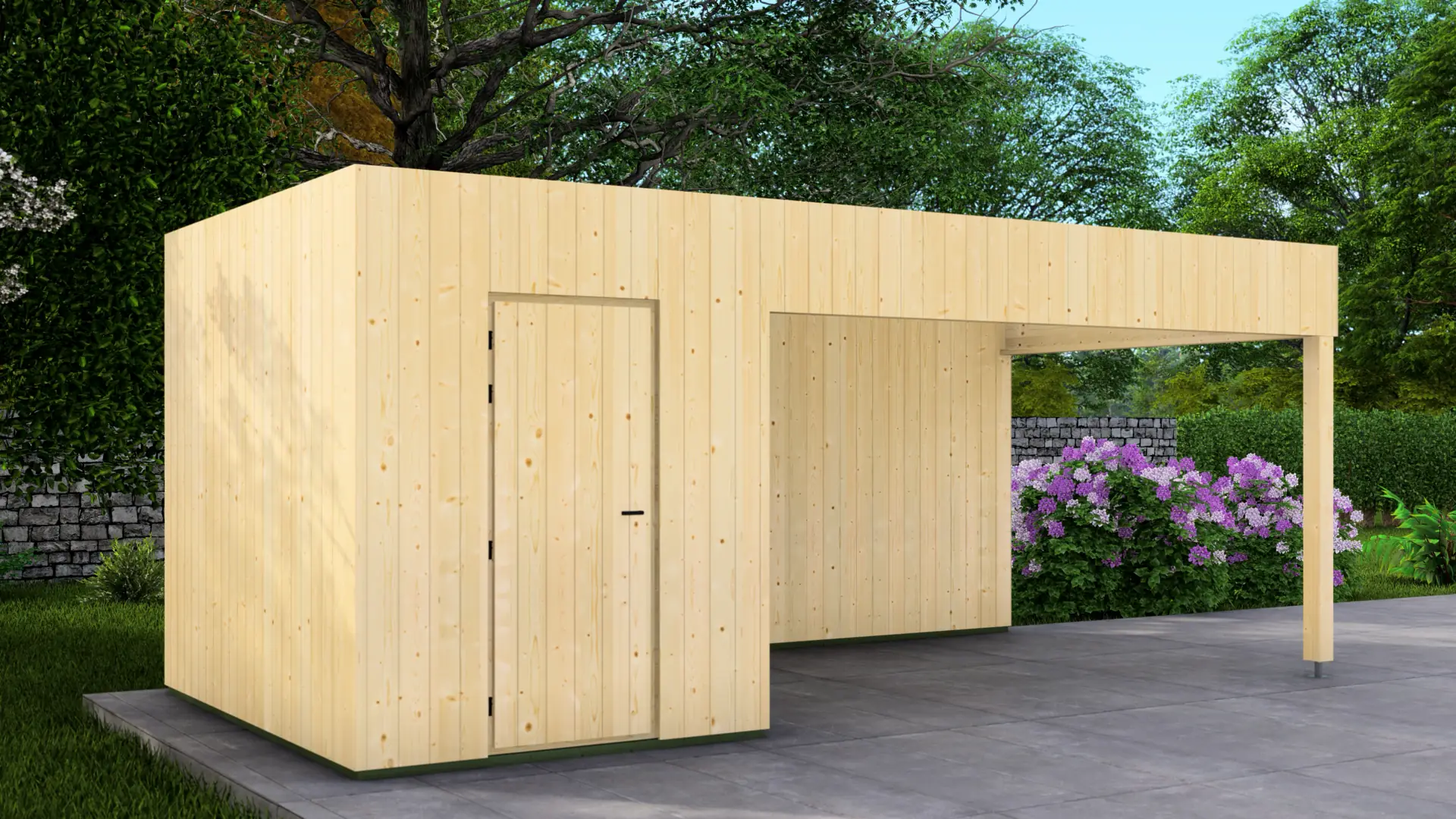 Dārza mājiņa "Frame" 2x3 + nojume 4x3 ar egle apšuvumu Dārza mājiņa "Frame" 2x3 + nojume 4x3 ar minimālistisku koka dizainu un pagarinātu nojumi, kas rada 18 m² kopējo apbūves laukumu.