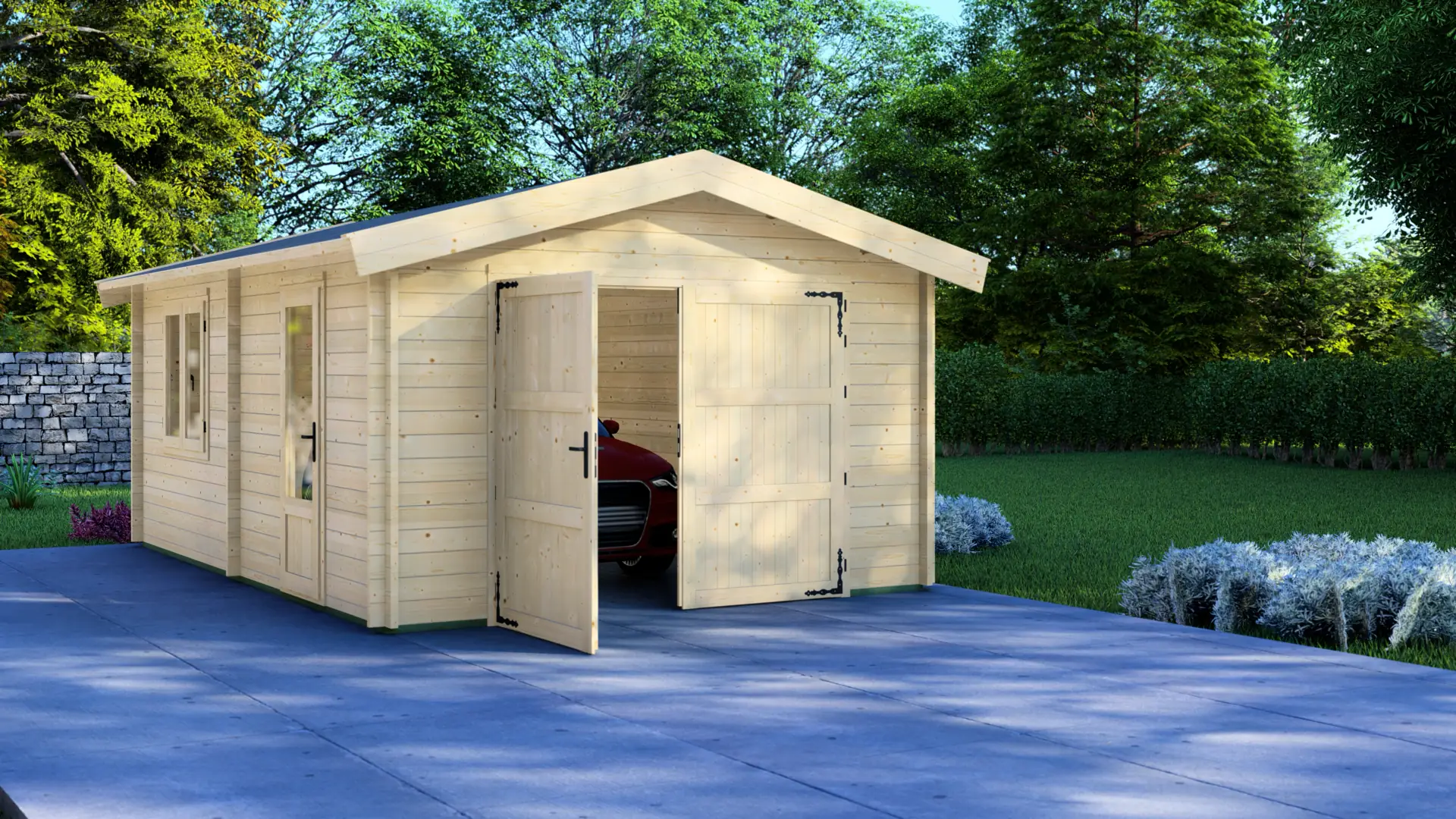 Koka garāža "Stable" 6x4 ar divslīpju jumtu - DSHouse kvalitātes koka konstrukcija Koka garāža "Stable" 6x4 ar divslīpju jumtu, kas izgatavota no 44 mm ziemeļu egles dēļiem, ar kopējo izmēru 4,00 m × 5,95 m un dubultiem garāžas vārtiem.