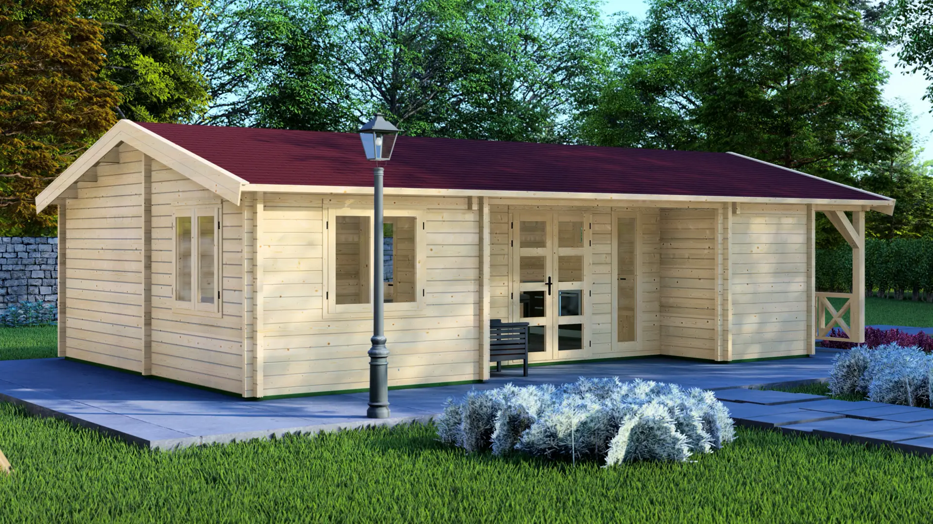 DSHouse dārza māja "Hopeful" - 45,2 m² koka konstrukcija ar terasi un četrām telpām Dārza māja "Hopeful" ar 45,2 m² platību, četrām atsevišķām telpām un terasi, kas aptver divas sienas, izgatavota no ziemeļu egles ar 68 mm sienām.