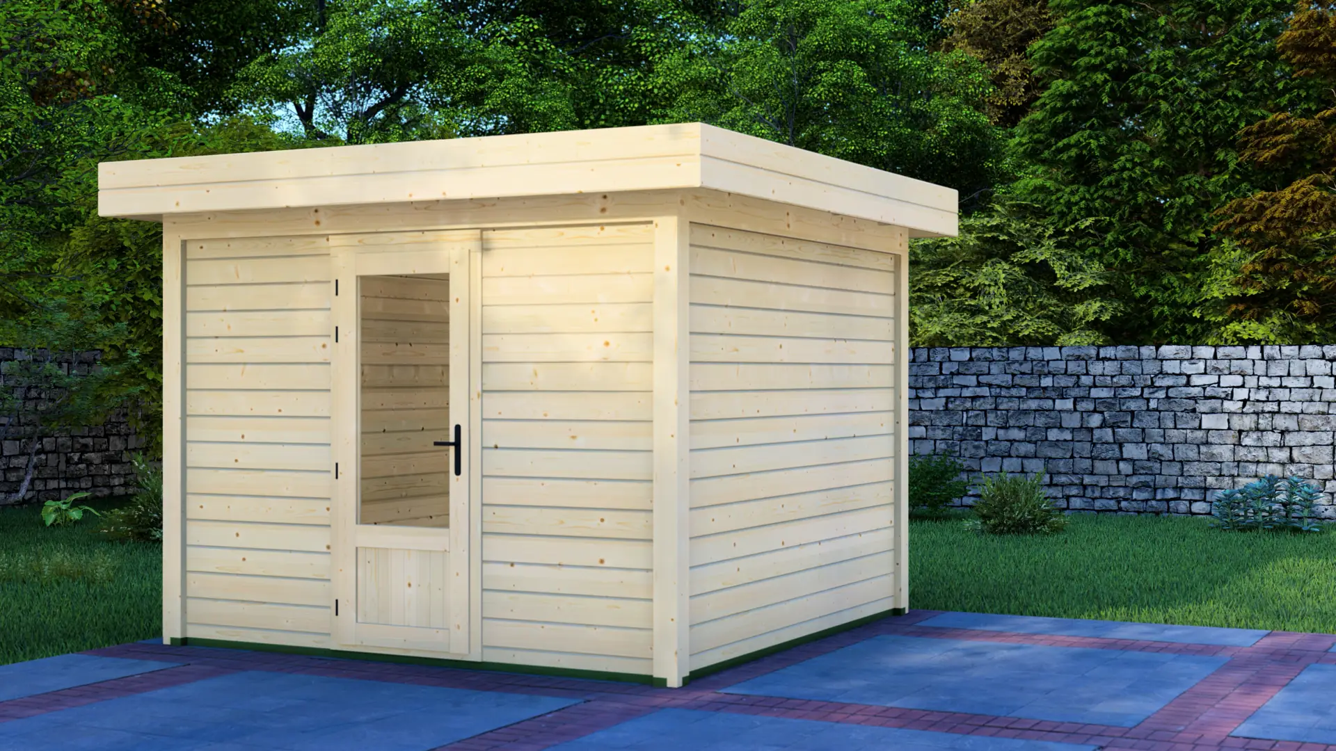 DSHouse dārza mājiņa 3x3m - modulāra slēgta konstrukcija Dārza mājiņa 3x3m ir kompakta 9m² liela ziemeļu egles konstrukcija ar horizontālu apšuvumu un plakanu jumtu, kas nodrošina dārza sakoptību.