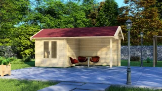 Dārza mājiņa “Serene” ar 9m² segtu terasi un 6,4m² iekštelpu, izgatavota no ziemeļu egles ar klasisku divslīpju jumtu.