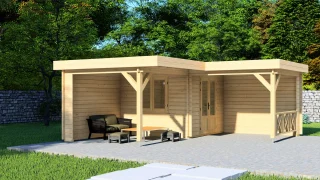 Dārza mājiņa "Joy 2" ar plašu 14 m² terasi un lieliem logiem, kas rada gaišu, atvērtu sajūtu ārtelpā.